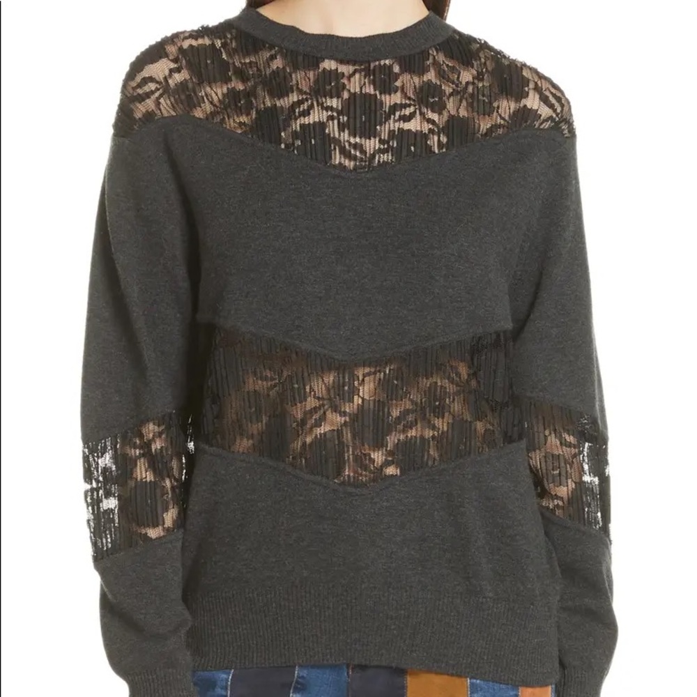 See by Chloé Wool/Cotton Charcoal Grey Knit Black Lace Panel Sweater NWT